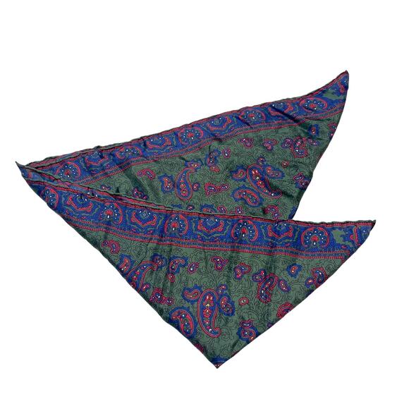 Vintage 70s Multicolor Paisley Scarf Green Blue Red Square Mod Hippie Boho - Picture 1 of 5
